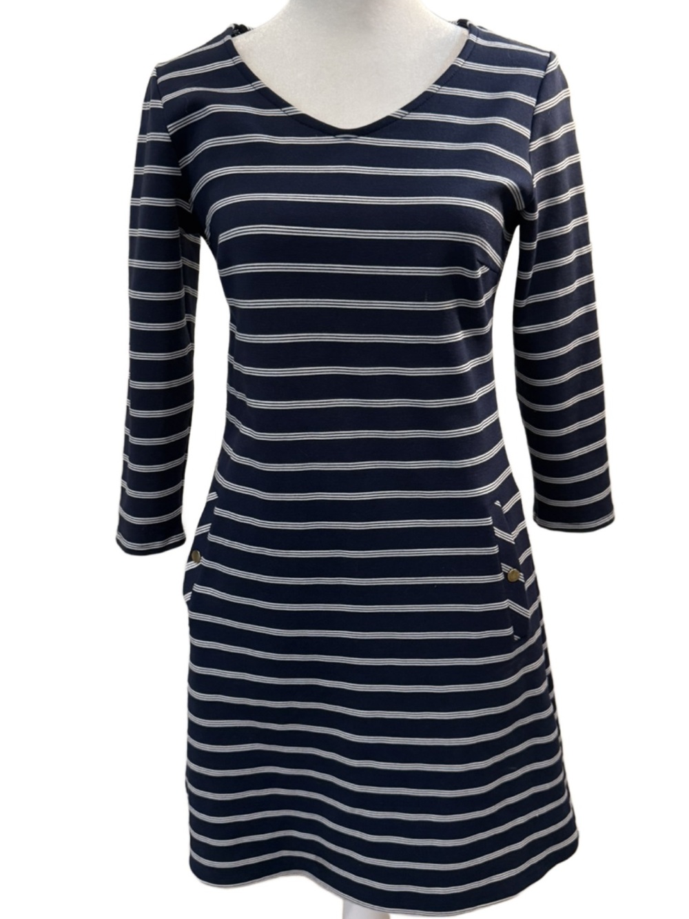 All For Color Navy Blue and White  Breton striped dress. Small